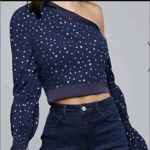BEBE new dark navy blue gold metallic stars one shoulder Grace tiered crop top